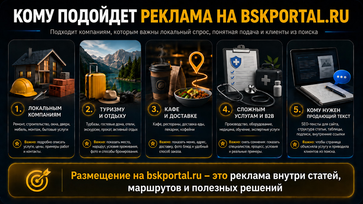 Реклама на bskportal.ru для локального бизнеса, туризма, кафе, услуг и SEO-текстов 