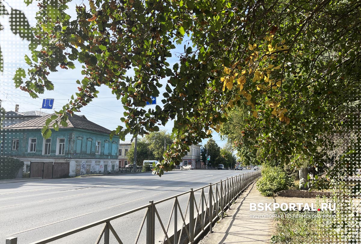 Кунгур улица с деревянными домами и деревьями исторический центр
