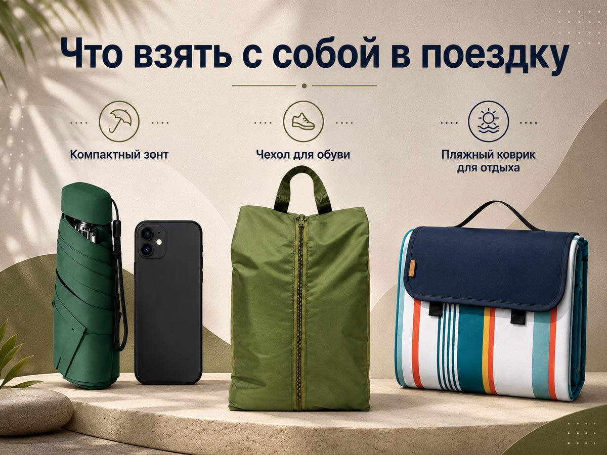 Что взять с собой в поездку, компактный зонт, чехол для обуви, пляжный коврик