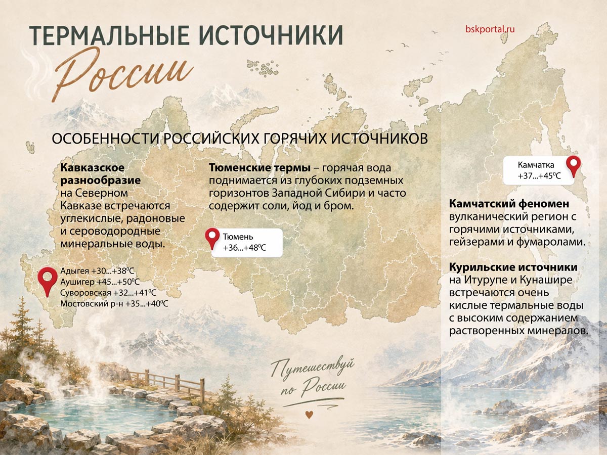 Карта термальных источников России: Тюмень, Кавказ, Камчатка и Курильские острова с температурой воды