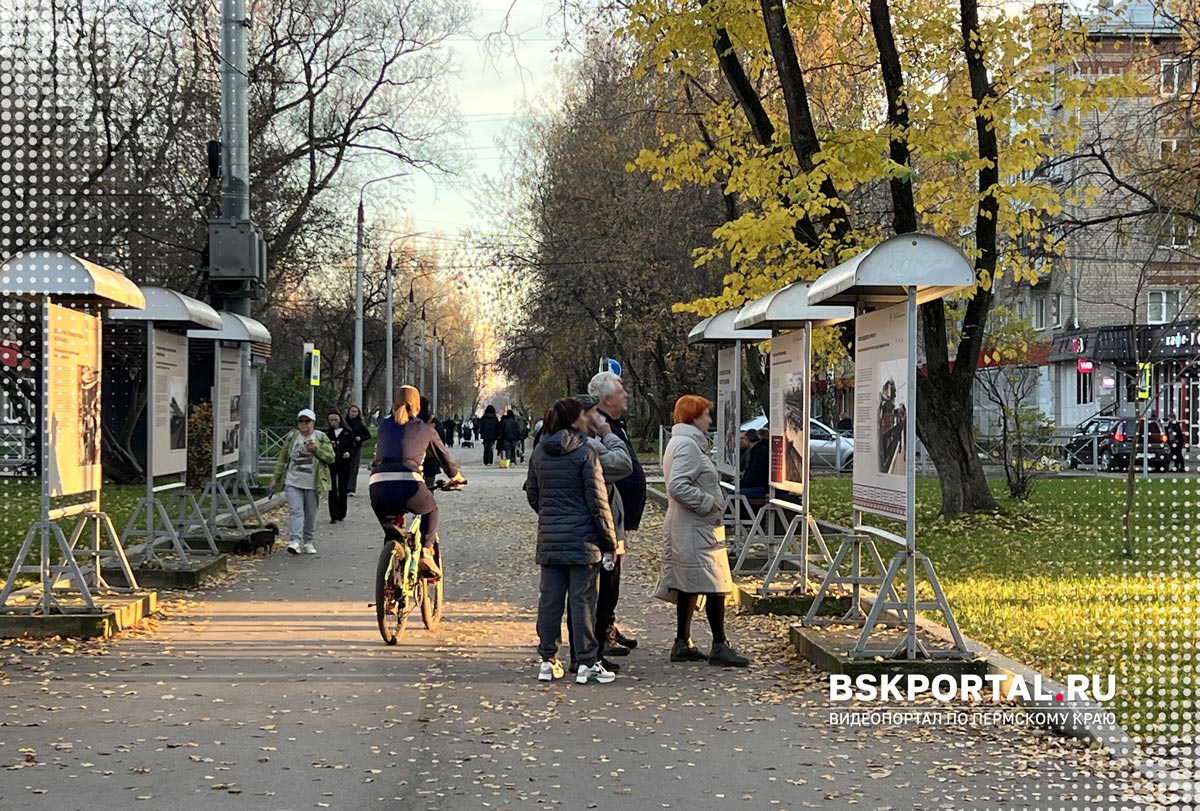 Пешеходная аллея и фотовыставка на улице Крупской в Мотовилихинском районе Перми осенью