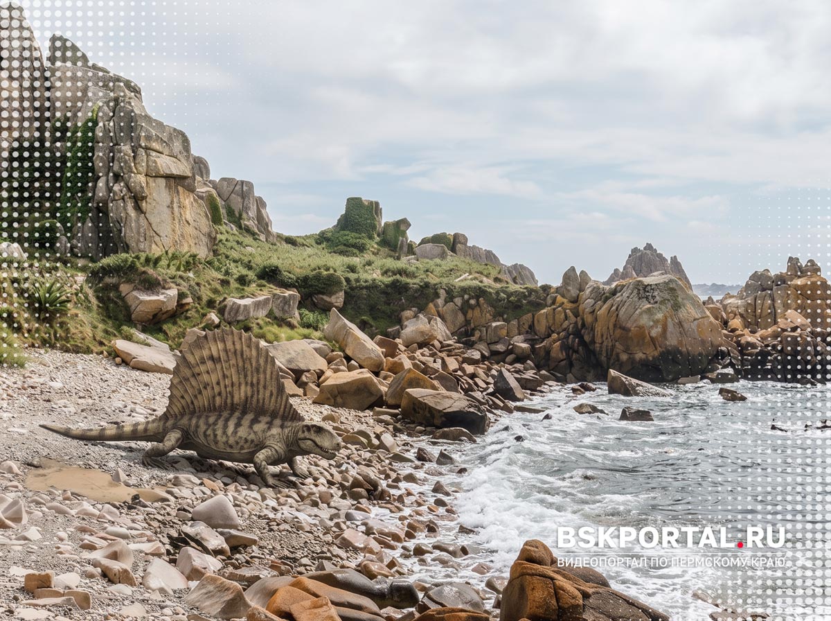 Доисторический ящер на каменистом побережье древнего моря в пермский период
