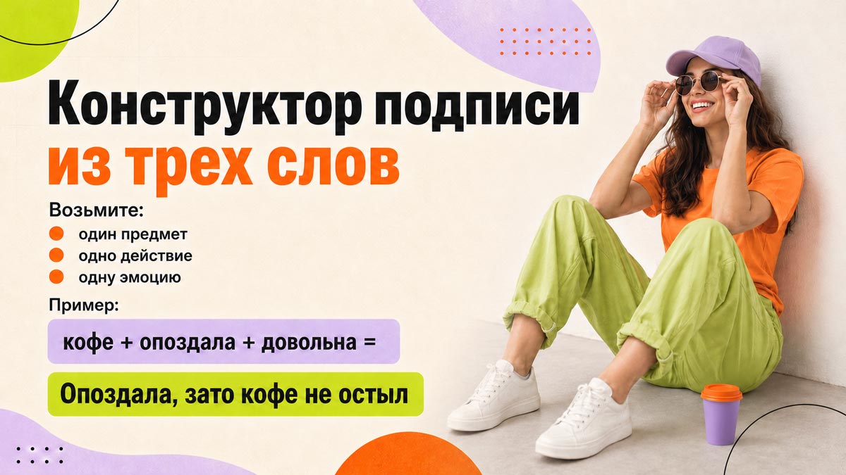 Конструктор подписи из трёх слов — предмет, действие и эмоция