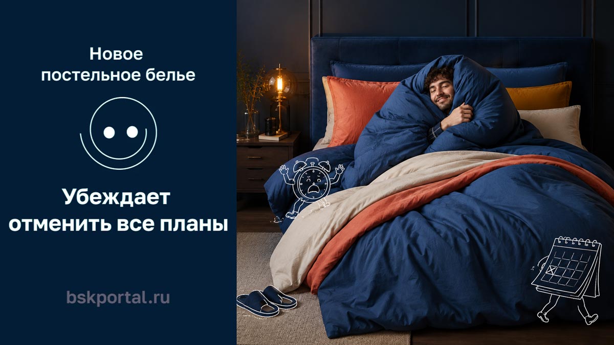 Мужчина обнимает новое синее постельное белье; надпись с юмором