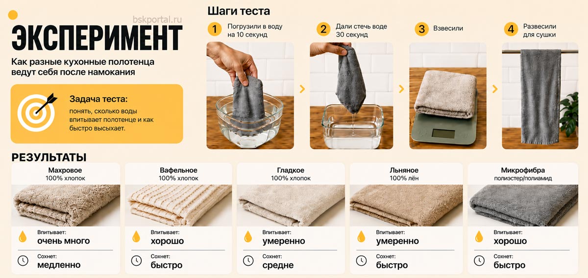 Сравнение кухонных полотенец по впитываемости и скорости высыхания