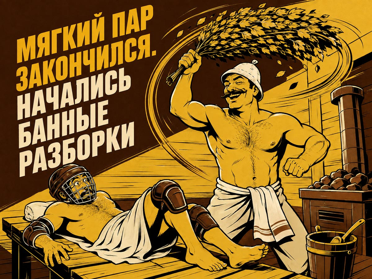 Карикатура: русский банщик размахивает берёзовым веником, а посетитель лежит на полке в защитном шлеме и наколенниках