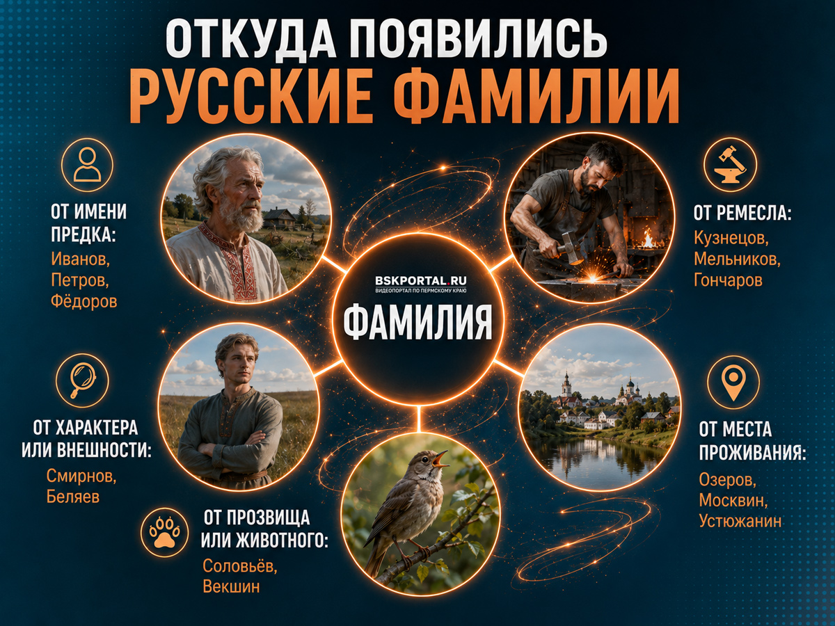Инфографика о происхождении русских фамилий от имени предка, ремесла, внешности, места проживания и прозвища