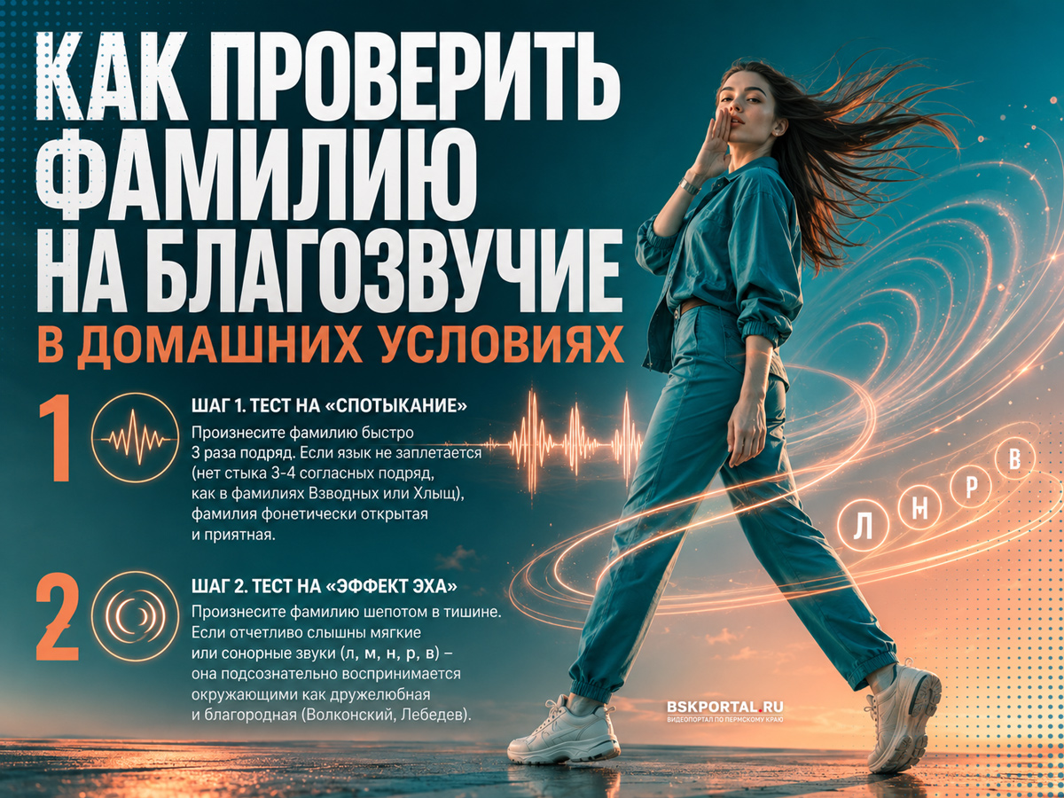 Инфографика «Как проверить фамилию на благозвучие в домашних условиях» с двумя тестами произношения и звуковых ассоциаций