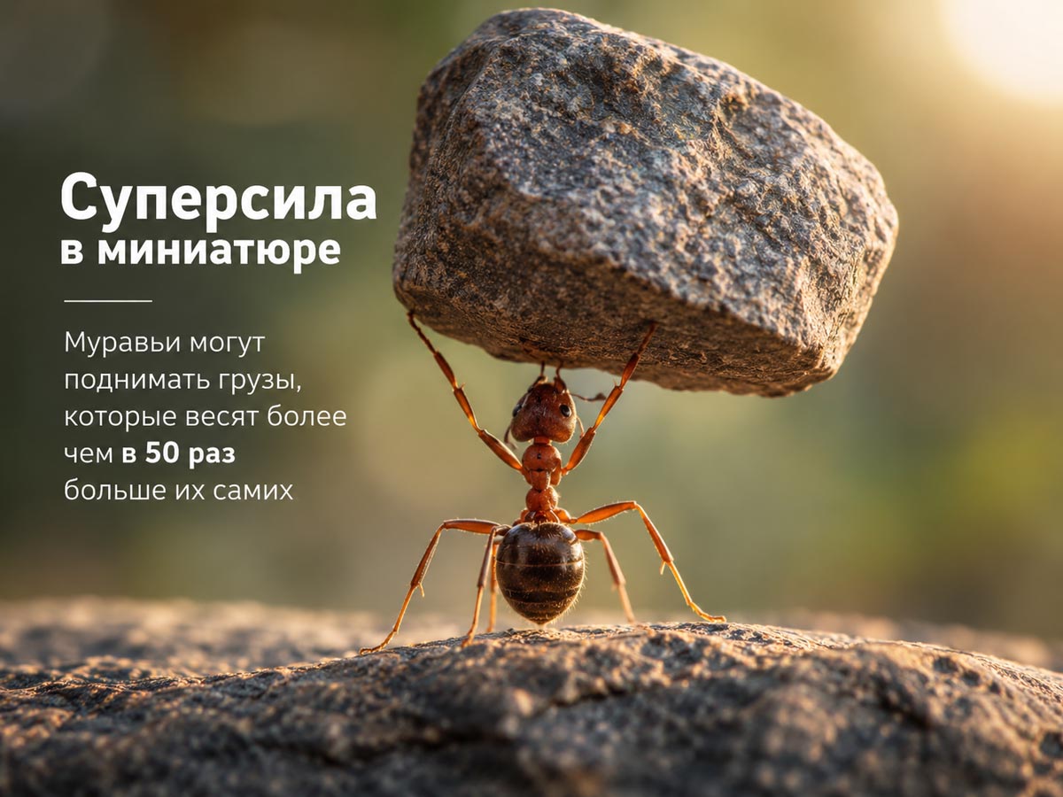 Муравей удерживает над собой крупный камень